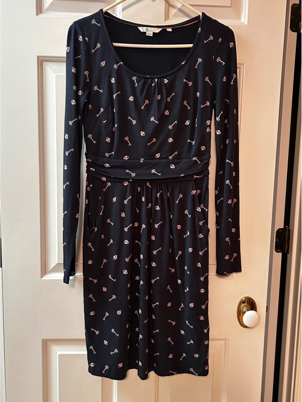 Boden Navy Long Sleeve Dress with Key and Heart Lock Print Size US 4R